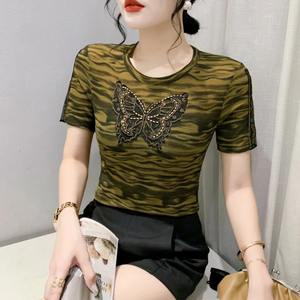 Camiseta de manga corta de verano para mujer, camiseta Sexy ajustada transpirable con diamantes de mariposa, camiseta de oficina de manga corta Vintage - Product Image 4