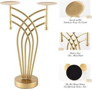 Bougeoir en métal, pilier, bougeoirs romantiques, décoration d'intérieur, support à bougie haut en or avec 2 bougies - Product Image 4