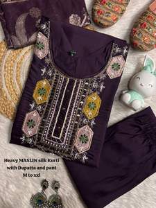 Conjunto de Kurta, Pantalón y Dupatta de Muselina de Seda y Viscosa, Estilo Étnico, Bordado, para Mujer, Tallas M-XXL, Estilo Tradicional - Product Image 2