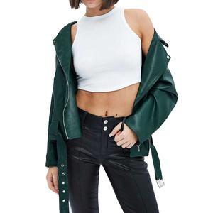 Veste d'automne pour femmes en cuir véritable 100% de couleur verte élégante avec deux poches zippées et doublure en fausse fourrure, vente en gros - Product Image 3