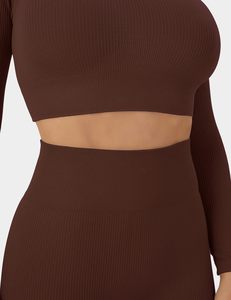 Ensemble d'entraînement de gymnastique 2 pièces durable pour femmes Leggings taille haute solides à manches longues côtelé haut court taille élastique ensembles de Yoga - Product Image 1