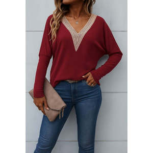 Blusa de viscosa de manga larga con cuello en V y manga murciélago para mujer, 26845 - Borgoña - Product Image 1