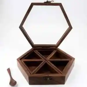 Wooden Spice Box Storage Multipurpose Table Top Glass Lid On Top Dry Fruit Box Mini Compartments With 1 Wooden Spoon (Hexagon)