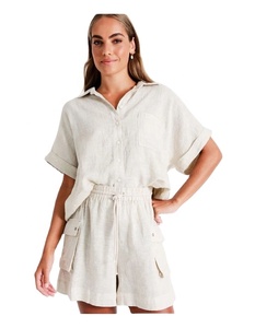 Women's Dresses 2025 <b>Linen</b> High Waist Shorts <b>Set</b> Short Sleeve Women Blouse Single Button Sexy Lace A-Line Silhouette Summer - Product Image 1