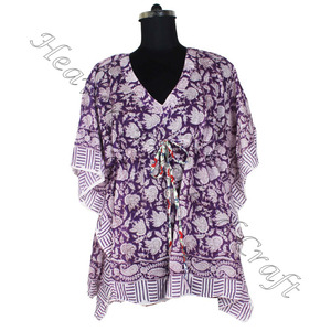 100% algodón Mujer ropa de dormir bloque de mano estampado Kaftan vestido KFCS081 peso ligero mujeres Casual ocasión desgaste corto caftán vestido - Product Image 4