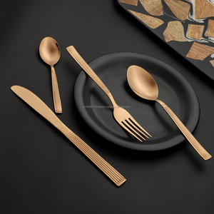 Utensilios de cocina de acero inoxidable con rayas PVD de oro rosa, juego de cubiertos, grado 202/304, cuchara brillante, tenedor y cuchillo, cuchara para bebé - Product Image 1
