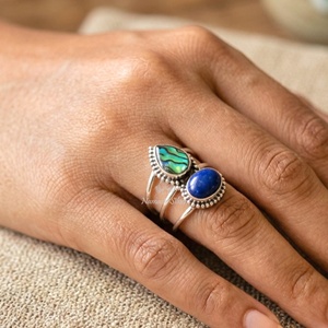 Abalone and <b>Lapis</b> <b>Lazuli</b> <b>Ring</b>, 925 Sterling Silver Vertical Gemstone - Product Image 3