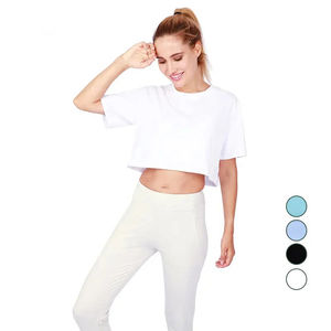 Camiseta de algodón de alta calidad para mujer, fabricantes OEM, Tops cortos ajustados con estampado personalizado, cuello redondo, informal, logotipo sólido, teñido liso - Product Image 3