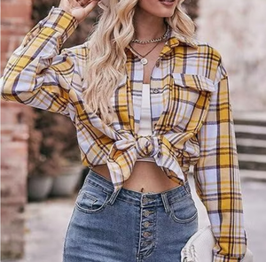 Yellow Plaid Flannel Shirt Women Long Sleeve Button <b>Down</b> Oversized Loose Fit Casual Fall Top - Product Image 1