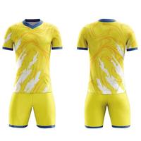 Ensemble de maillot et short de football personnalisé pour homme, respirant, séchage rapide, extensible dans quatre directions, anti-UV, 100% polyester, logo personnalisé, jaune et bleu