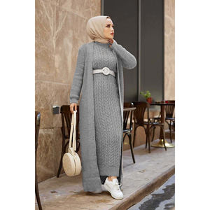 Conjunto de Cárdigan de Lana Gris Informal con Botones y Decoraciones Plisadas, Tejido a Crochet y de Corte Holgado para Primavera/Invierno - Product Image 1
