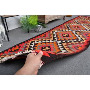 Vintage Turkish Kilim Rug 2.8 X 10ft <b>Red</b> Orange <b>Wool</b> with Latex Backing New Abstract Pattern for Entryway Hallway 9x12 Jute Rug - Product Image 3