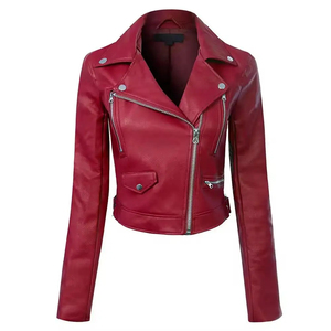 Veste de moto en similicuir PU rouge vif pour femme avec logo personnalisé, col à revers et multiples fermetures éclair - Product Image 4