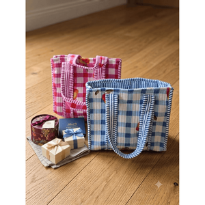 Juego de 2 Mini Bolsos Tote a Cuadros Rosa y Azul, Portátiles para Él y Ella - Product Image 1