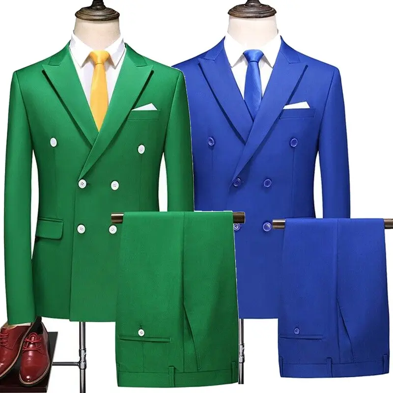 Trajes de doble botonadura para hombre, conjuntos coloridos de pantalones de dos piezas, atuendo de padrino, chaqueta de esmoquin azul marino, vestido Formal, traje de boda