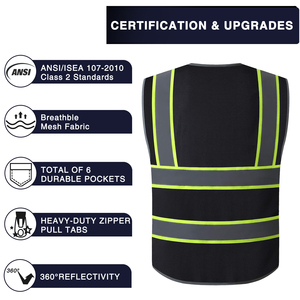 Chaleco de seguridad de alta visibilidad para hombres y mujeres, 9 bolsillos, cremallera frontal, malla reflectante, algodón, resistencia a la abrasión, ropa de trabajo - Product Image 5