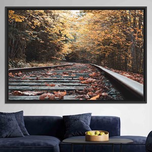 Autumn Train Tracks Canvas: Printed Landscape Wall Art,BLACK <b>FRAMED</b> CANVAS - Product Image 1