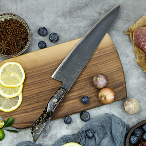 Couteaux de chef professionnels PRESTIGE BLADES, fabrication sur mesure en gros, OEM ODM, acier Damas, manche en résine avec feuille d'or, ambidextre - Product Image 6