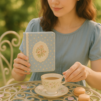 LABON Carnet A5 en tissu vintage brodé de fleurs bleues avec dentelle et rose pour cadeau romantique et écriture quotidienne