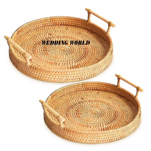 Forme ronde ensemble de deux plateaux en rotin personnalisé fini Designer nouveau plateau classique élégant Table décorative fantaisie plateau en rotin - Product Image 4