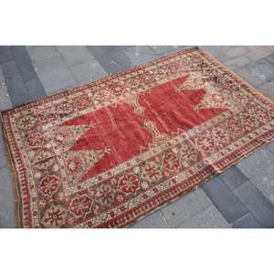 Alfombra turca Vintage 4,2X6,7 pies Rojo Beige Lana Kilim Gran diseño de pasillo rectangular abstracto Látex de 10mm Para áreas grandes - Product Image 2