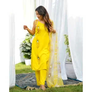 Conjunto de traje Morpankh amarillo para mujer, estilo vintage, tradicional, étnico, tejido de rayón, bordado liso, de secado rápido, holgado, festivo - Product Image 5