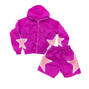 Ensemble deux pièces personnalisé pour hommes-Sweat à capuche coupe-vent à motif uni et survêtement court Combinaison de jogging pleine longueur en nylon et polyester - Product Image 4