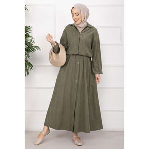 Conjunto de Chaqueta Bomber Caqui y Falda con Botones, Estilo Casual, Dos Piezas de Lona para Invierno, Tallas XS a XL, Top Largo con Estampado Sólido - Product Image 1
