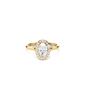 Bague de fiançailles ovale 1 carat avec halo de diamants, en or jaune, blanc et rose 18 carats, micro-pavée, pour mariée - Product Image 1