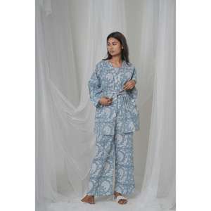 Ensemble coordonné en coton imprimé bleu pour femmes, pantalon large à jambes larges à motifs floraux gothiques, style ethnique décontracté, vêtements de détente - Product Image 2