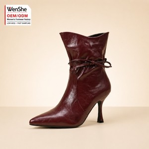 Low MOQ <strong>Burgundy</strong> Pointed Toe Stiletto High Heel Ankle <strong>Boots</strong> Tie Detail Glossy Leather <strong>Women</strong> Winter Party Dress Shoes Factory ODM - Product Image 1