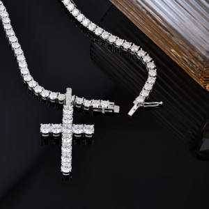 Hip Hop Style 925 <b>Sterling</b> <b>Silver</b> Gold Plated Round Brilliant Cut Diamond Tennis Chain <b>Cross</b> Pendant Men's Necklace - Product Image 2