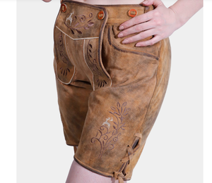 Botones bordados de bolsillos frontales de cuero de ante de cabra genuino corto Lederhosen de alta calidad para mujer - Product Image 2