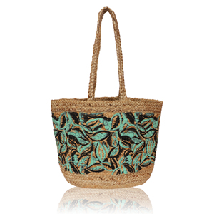 Bolso Tote de Yute con Letra Bordada en Turquesa, Estilo Bohemio, Ecológico, para Viajes de Verano, Compras, con Dos Asas y Parte Superior Abierta - Product Image 1