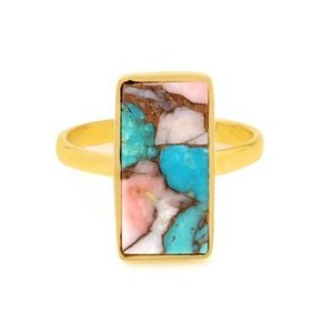 Anillo fino chapado en oro de 18 quilates superventas estilo bohemio delicado 8x16mm Mohave turquesa Rosa ópalo cobre bisel ajuste boda/fiesta - Product Image 3