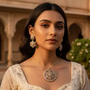 Ensemble de pendentif et de boucles d'oreilles en or 24 carats plaqué diamant floral, bijoux en cuivre fin pour femmes, cadeau de mariage - Product Image 2