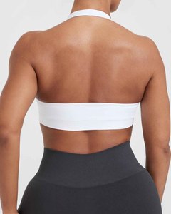 Women's White Seamless <b>Halter</b> Sports <b>Bra</b> Medium Support Yoga Workout Wear Scoop <b>Neck</b> Spandex Polyester Solid Color - Product Image 4