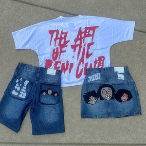 ชุดกางเกงขาสั้นกางเกงยีนส์ของผู้ชายเสื้อยืดแขนสั้นคุณภาพสูงชุด2ชิ้นแบบวินเทจโลโก้ตามสั่งฤดูร้อน - Product Image 2