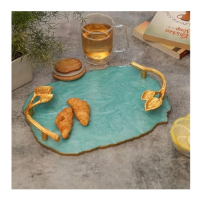 Premium Epoxy Resin Tray 4 Coaster Gold Polished Metal Handle Glitter design <b>Navy</b> Blue Resin Tray - Product Image 6