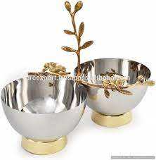 Bol de nourriture en acier inoxydable de conception arabe avec des poignées de conception de feuille en laiton bols de service de fruits et de collations de table pour les ustensiles de cuisine - Product Image 5