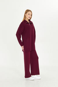 Ensemble de tricot uni à fermeture éclair deux pièces vêtements de sport surdimensionnés tenue quotidienne ensemble de survêtement à manches longues ensemble de tricot double élégant - Product Image 3