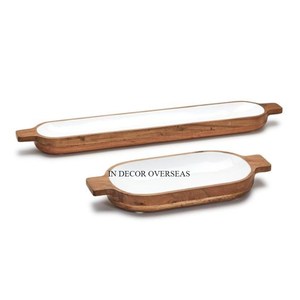 Lot de 2 plateaux de service en bois de haute qualité de designer au look attrayant avec intérieur enduit de poudre de couleur blanche d'Inde - Product Image 1