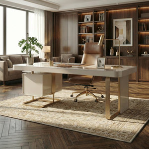 Bureau d'ordinateur de luxe exécutif, plateau en ardoise, structure en métal doré, bureau rectangulaire, DESK-0114 - Product Image 1