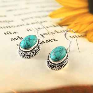 Boucles d'oreilles pendantes ovales en turquoise, argent sterling 925, fil d'oreille minimaliste, bijoux faits à la main, fournisseur en gros - Product Image 6