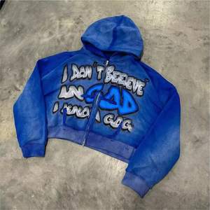 OEM Custom Screen Print Logo Streetwear Fleece Vintage Double Zipper Layer Acid <b>Wash</b> Sun Faded Distressed Pockets Hoodie - Product Image 2