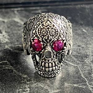 Handmade Mexican Gothic Style <b>Silver</b> Flower Roses Skull Jewelry Biker Engraved <b>Ring</b> Floral Gothic <b>Set</b> Gift for Bikers - Product Image 2