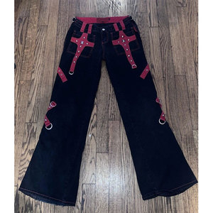 2026 Women's Gothic Red And <b>Black</b> Wide Leg Flare Pants With Zippers And Grommet - Product Image 1