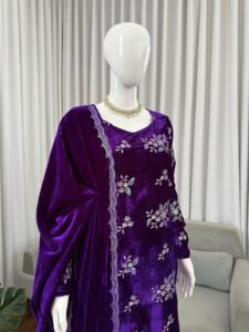 Tela de Terciopelo India y Pakistaní con Bordado Elegante de Secado Rápido, Salwar Kameez Tradicional Informal para Fiestas, Bodas y Haldi - Product Image 2