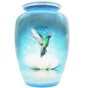 Urnes de crémation en aluminium avec un bel autocollant au design de colibri et fini bleu ciel pour les cendres humaines - Product Image 1