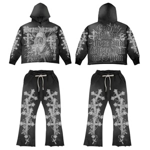 2025 High Quality <b>Vintage</b> Washed Tracksuit Set Drop Shoulder Hoodie with Straight Leg <b>Pants</b> Sweatpants T-Shirt Zipper-Up Style - Product Image 1